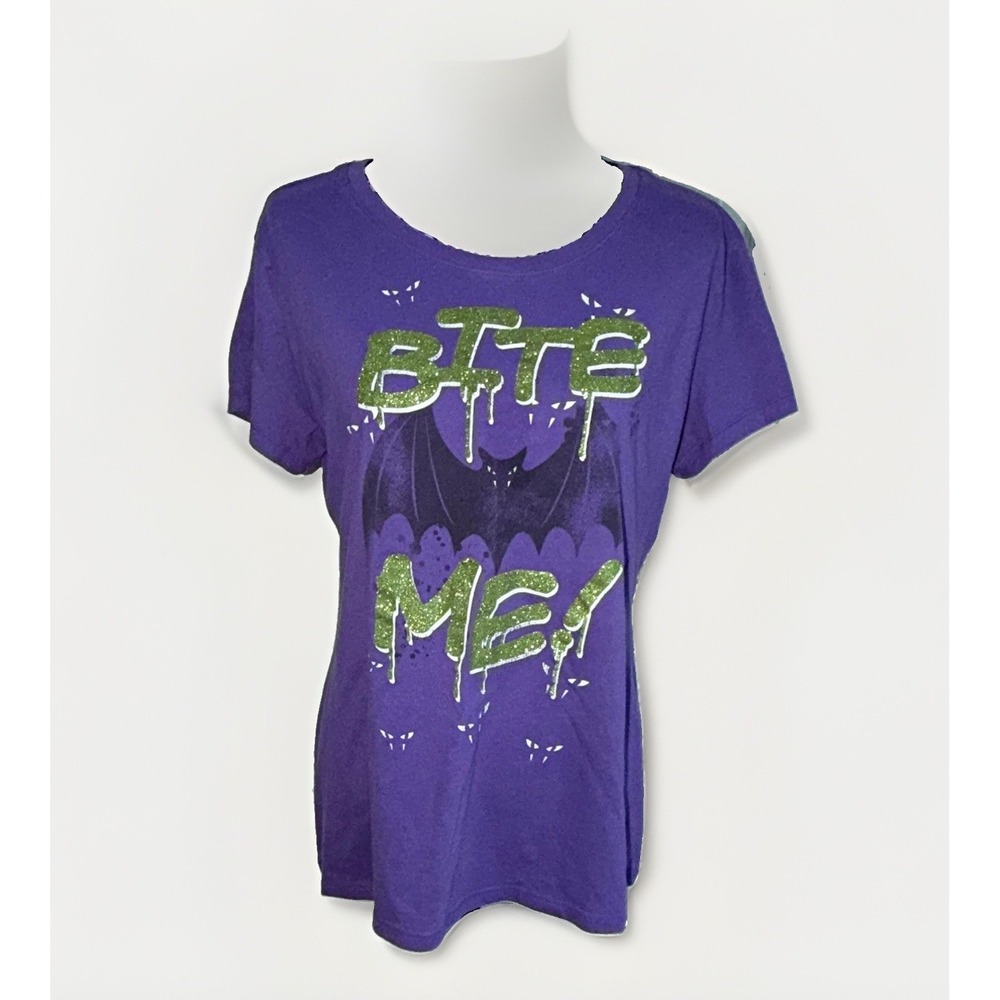 Vtg Women 2x Purple Glitter "Bite Me" Bat Scoop Neck T-Shirt Hybrid Apparel